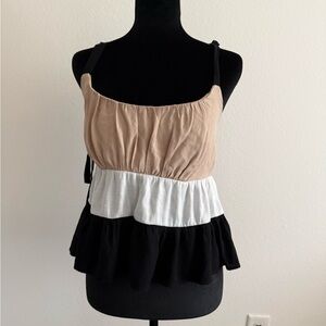 Tiered Ruffle Spaghetti Strap Tank Top - Beige/White/Black